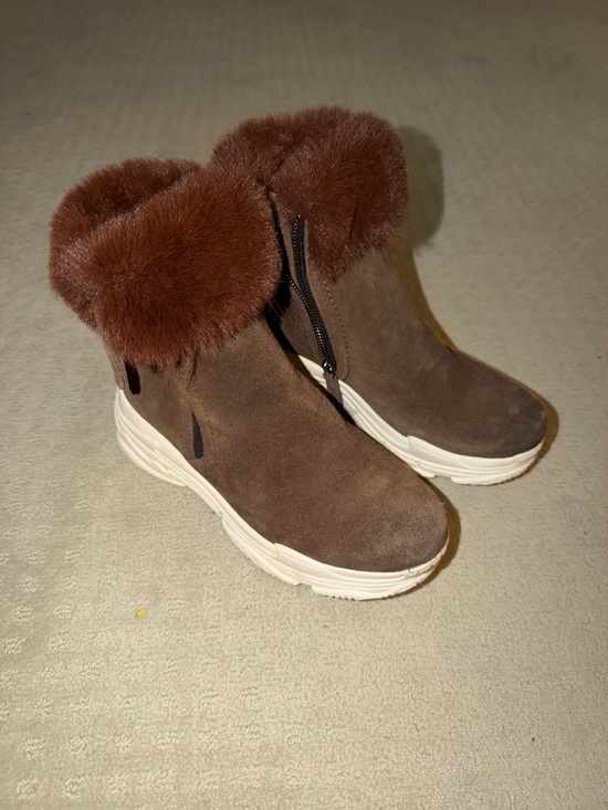 All Black Shoes - Brown Faux Fur Suede Ankle Booties with White Athletic Sole